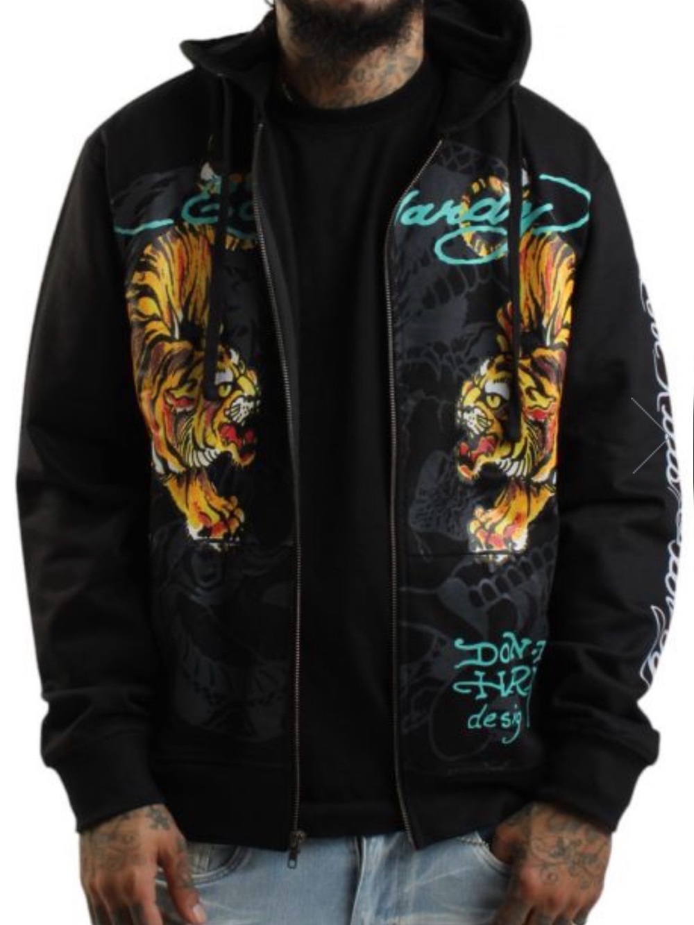 Ed Hardy Black Zip Hoodie with Yellow Tiger Prints